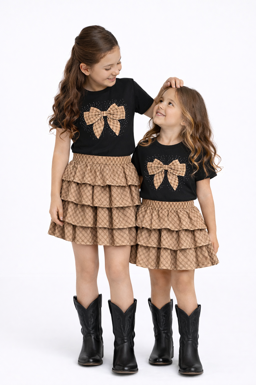 Meisjes set zwart met bruine rok & strik shirt trendy meisjes outfit