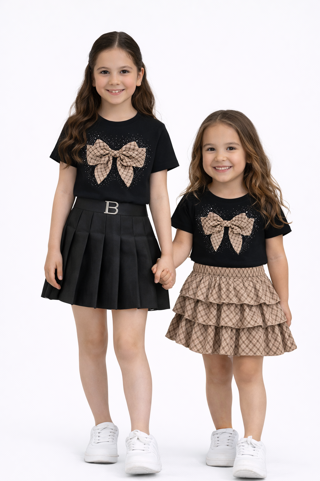 Meisjes set zwart met bruine rok & strik shirt trendy meisjes outfit