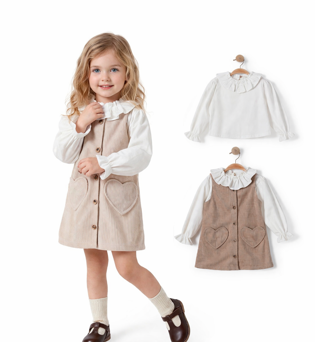 Beige Meisjes Jurk met Blouse – Corduroy Kinderjurk met Hartjes | NellysKidswear
